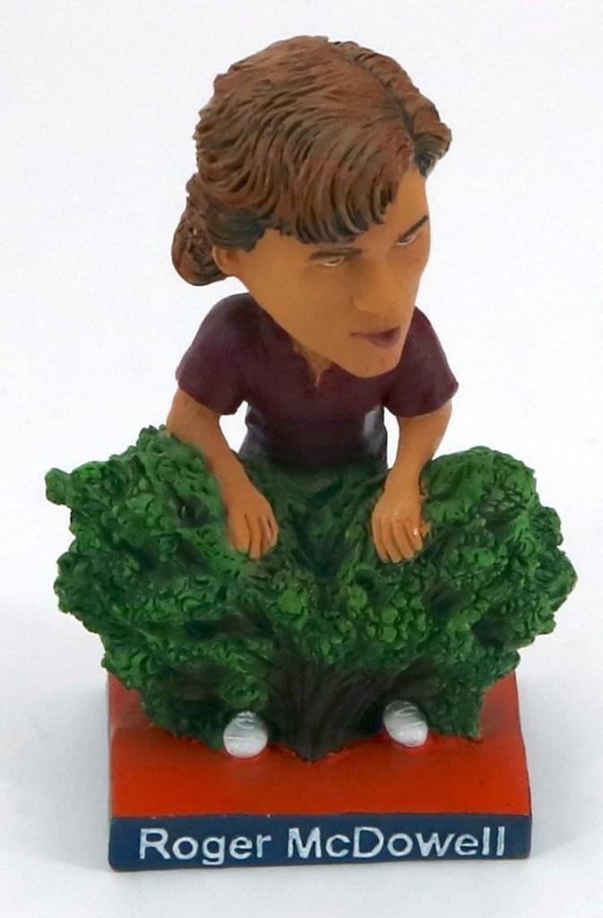 "Seinfeld" "Second-Spitter" Bobblehead: Color bobblehead of Roger McDowell standing behind a bush from his appearance on the television show "Seinfeld." The scene is a reference to the "Seinfeld" episode he stared in, in which two char