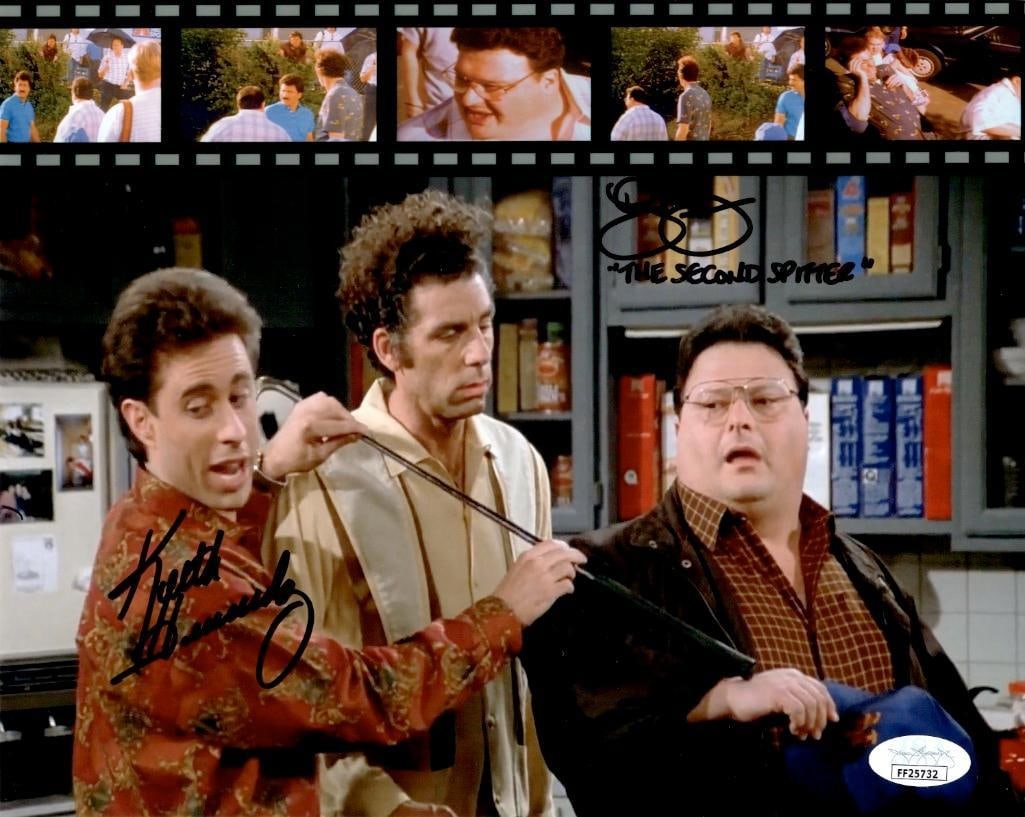 Keith Hernandez & Roger McDowell Signed 8" x 10" "Seinfeld" Photo (2 Sigs) (JSA Authentication): Color 8" x 10" photo from the television show "Seinfeld" signed in black felt tip marker by New York Mets baseball players Keith Hernandez and Roger McDowell. McDowell has inscribed the message “