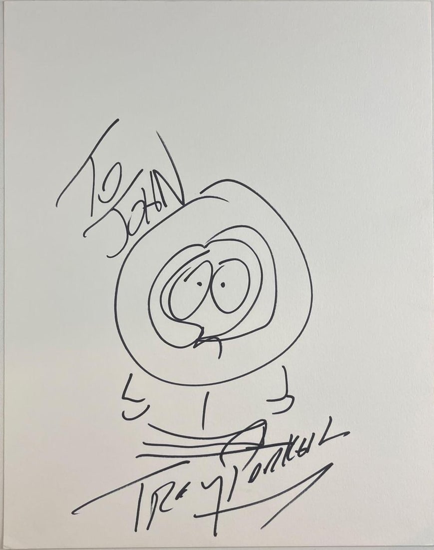 South Park: Trey Parker Hand-Drawn 14" x 11" Kenny McCormick Sketch (Beckett/BAS): Matte 14" x 11" illustration of the character Kenny McCormick from the television show "South Park," drawn in black felt tip marker by cartoonist Trey Parker. The drawing is also inscribed "To John."
