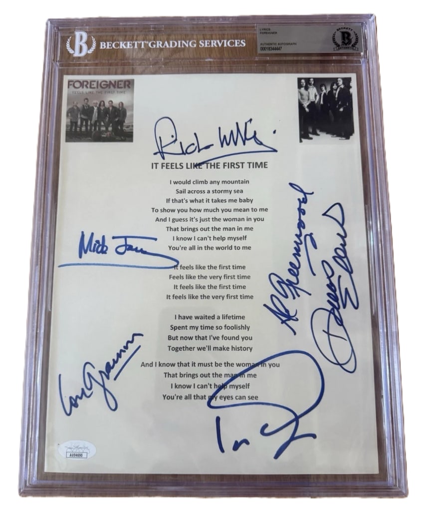 Foreigner Group Signed Slabbed "It Feels Like the First Time" Lyric Sheet (6 Sigs) (BAS Auth.) (1 of 2)