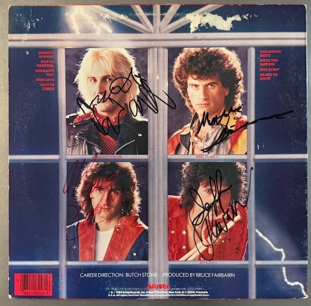 Krokus Fully Group Signed “The Blitz” LP Album (4 Sigs) (Third Party Guaranteed): “The Blitz” LP album signed on the back cover in black and red felt tip marker by Krokus band members Fernando von Arb, Marc Storance, Mark Kohler, and Jeff Klaven. Measuring approximately