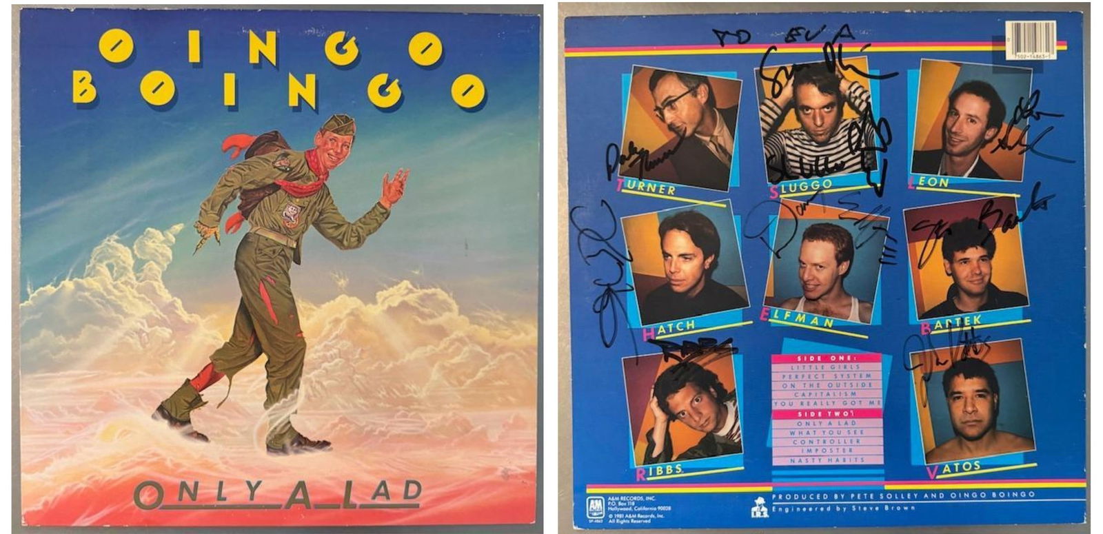 Oingo Boingo Fully Group Signed “Only a Lad” LP Album (8 Sigs) (JSA Authentication): “Only a Lad” LP album signed on the cover in black felt tip marker by Oingo Boingo band members Danny Elfman, Dale Turner, Sam “Sluggo” Phipps, Kerry Hatch, Richard