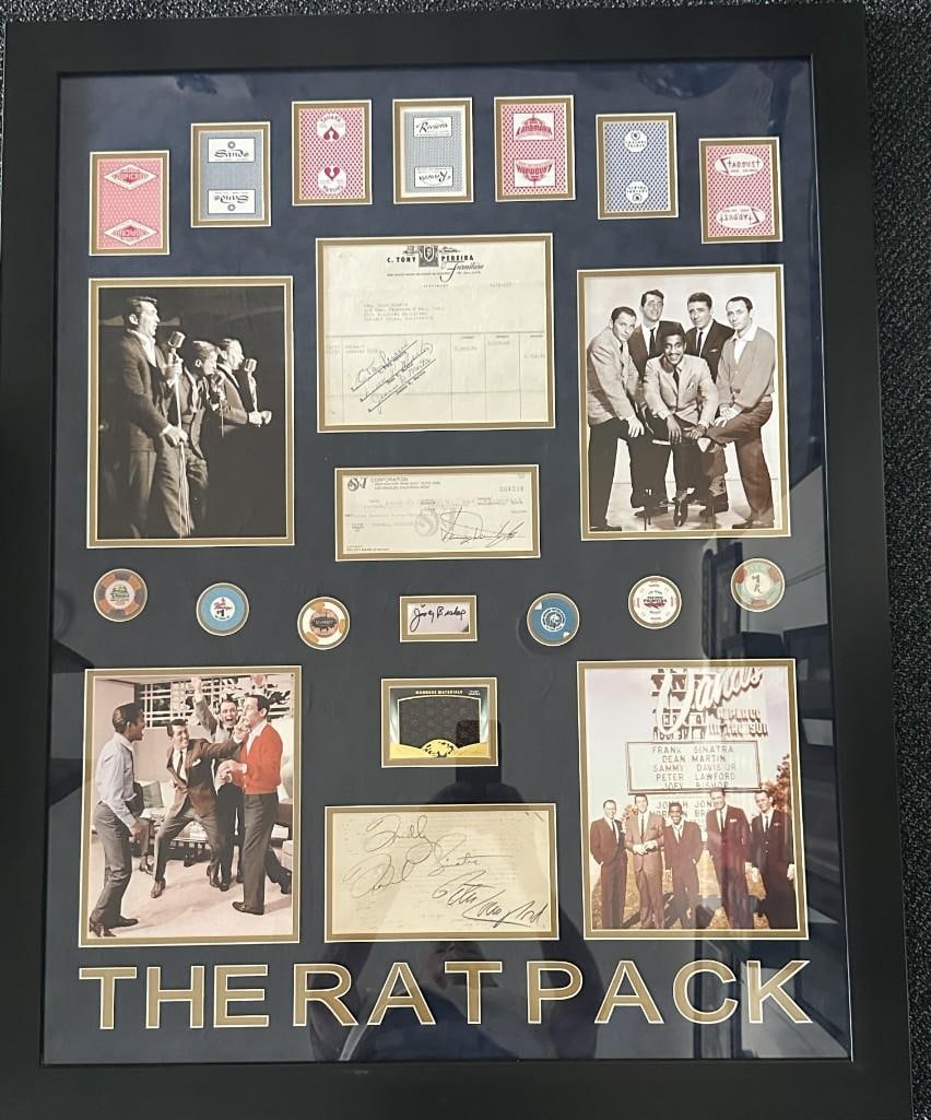 Rat Pack Multi-Signed Check, Cuts, & Document Inside 40" x 32" Framed Display (5 Sigs) (JSA): Multiple items, including one signed check, one signed deposit invoice, one signed cut, one mutli-signed white slip, six casino chips, and seven playing cards inside a framed display. The check,