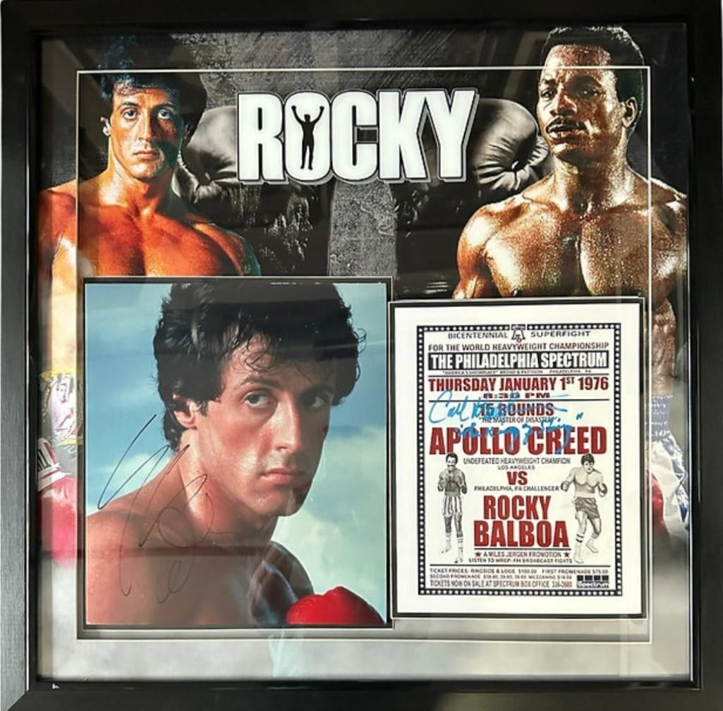 Rocky Cast Signed Photo & Mini Poster Inside 33" x 33" Framed Display (2 Sigs) (Beckett/BAS): Framed display including signed photo and signed mini poster. Color 16" x 14" photo signed in black ballpoint pen by actor Sylvester Stallone. Color 13" x 11" mini poster signed in blue felt tip