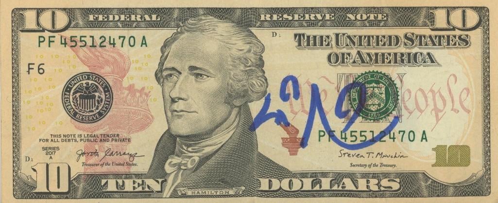 Lin-Manuel Miranda Signed $10 Bill (ACOA Authentication): One $10 bill signed in blue felt tip marker by writer, actor, and musician Lin-Mauel Miranda. In fine condition. Obtained in-person. Accompanied by an ACOA certification (#SB57425).