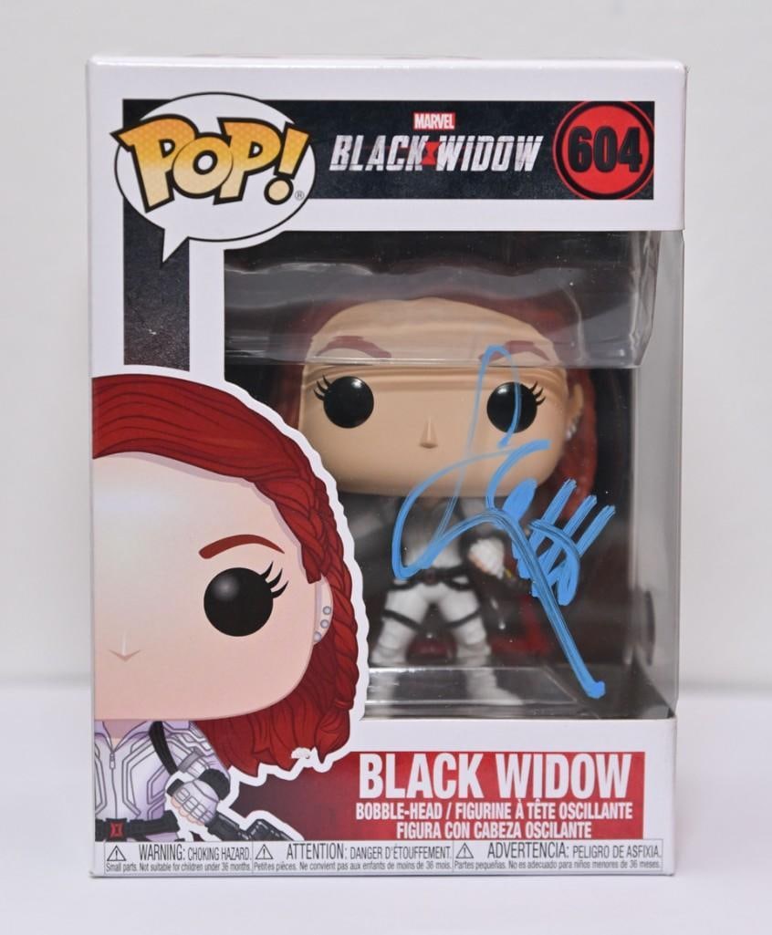 Scarlett Johansson Signed "Black Widow" Funko Pop #604 (Beckett): "Black Widow" Funko Pop #604 from the film "Black Widow" signed on the front plastic window in blue felt tip marker by actress Scarlett Johansson, obtained in-person. Measuring approximately 