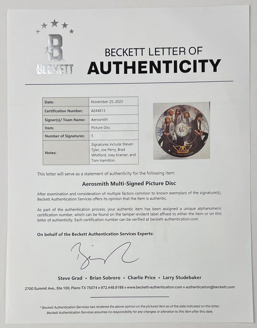 Aerosmith Fully Group Signed "Dude (Looks Like a Lady)" Picture Disc (5 Sigs) (BAS) - 6