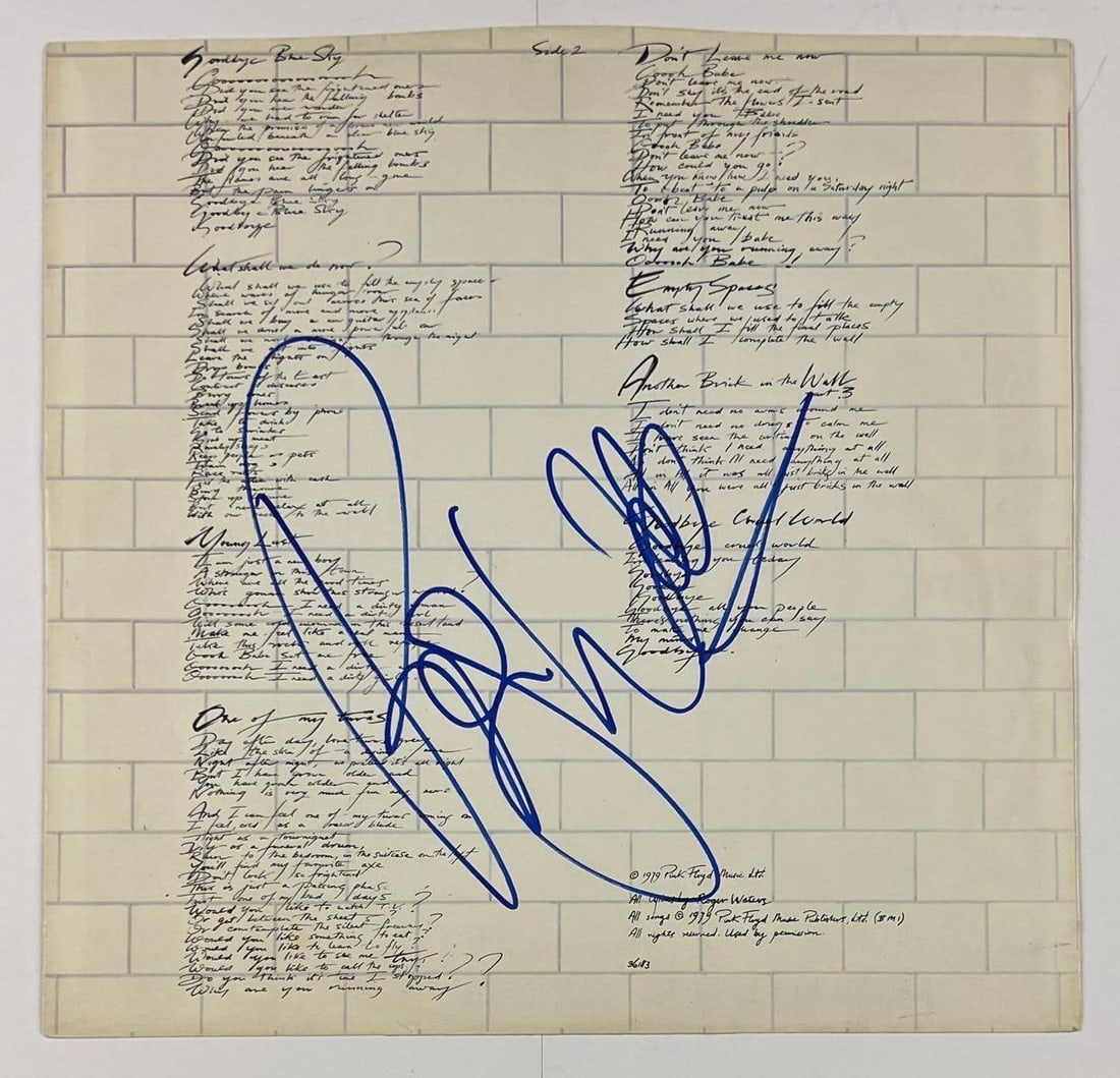 Pink Floyd: Roger Waters Signed "The Wall" Lyric Sleeve (Beckett/BAS Authentication): "The Wall" lyric sleeve signed on the cover in blue felt tip marker by Pink Floyd band member Roger Waters. Measuring approximately 12" x 12" and in very good condition, with some signs of scatte