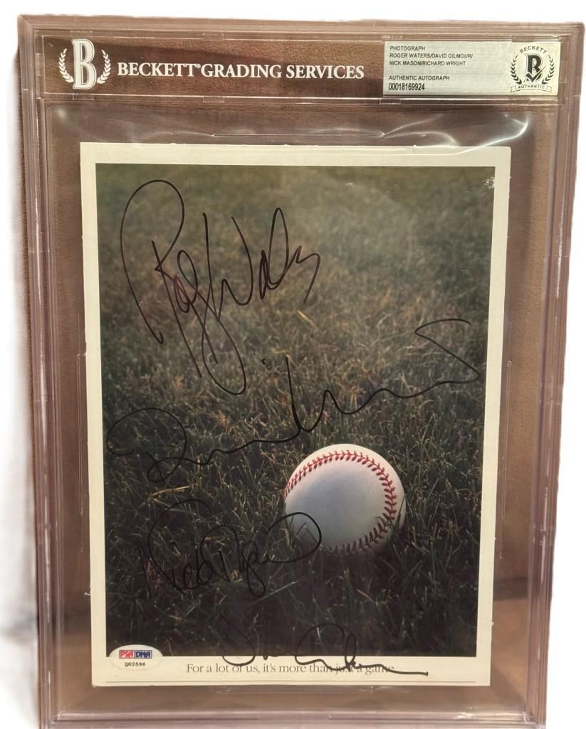 Pink Floyd Fully Group Signed Slabbed 10" x 7" Photo (4 Sigs) (Beckett/BAS & PSA DNA Authentication): Color 10" x 7" slabbed photo signed in black felt tip marker by Pink Floyd band members David Gilmour, Richard Wright, Roger Waters, and Nick Mason. The bottom of the photo is labeled "For a lot of us