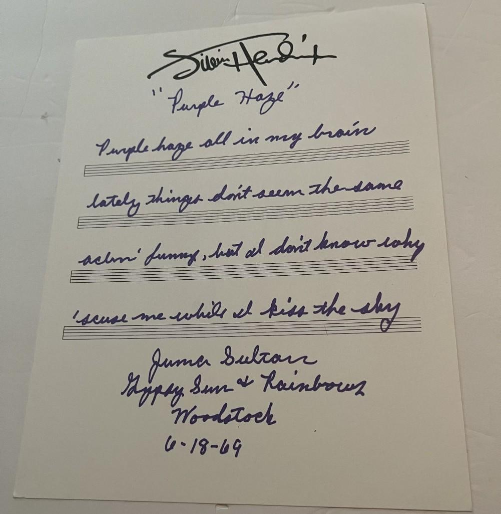 Jimi Hendrix: Juma Sultan 1969 Woodstock Signed Hand-Written "Purple Haze" Lyrics Page (TPG) (1 of 1)
