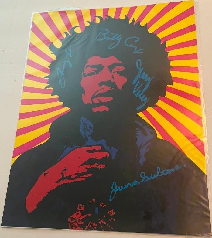 Jimi Hendrix Woodstock 1969 Bandmates Signed 14" x 11" Mini Poster (4 Sigs) (Third Party Guaranteed): Color 14" x 11" mini poster signed in blue paint marker by Jimi Hendrix's Woodstock 1969 band mates Billy Cox, Larry Lee, Juma Sultan, and Jerry Velez. In fine condition. Provenance Eaton & Brennan Au
