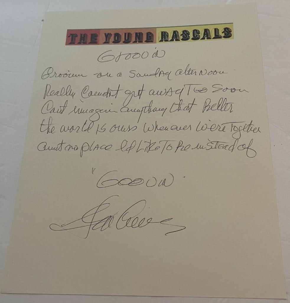 The Young Rascals: Gene Cornish Signed Hand-Written "Groovin'" Lyric Page (Third Party Guaranteed): White 10" x 8" page with the lyrics of "Groovin'" hand-written and signed in black ballpoint pen by The Young Rascals band member Gene Cornish. In fine condition.ProvenanceEaton & Brennan Auctions
