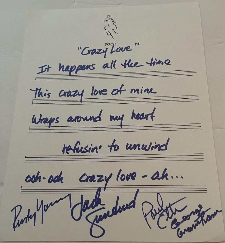 Poco Group Signed Hand-Written "Crazy Love" Lyrics Page (4 Sigs) (Third Party Guaranteed) (1 of 1)