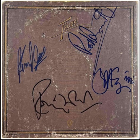 Faces Group Signed "Long Player" Album (4 Sigs) (Beckett/BAS Authentication): "Long Player" album signed on the back in blue and black felt tip markers by Faces band members Rod Stewart, Ronnie Wood, Kenney Jones, and Ian McLagan. Measuring approximately 12" x 12" and in very g