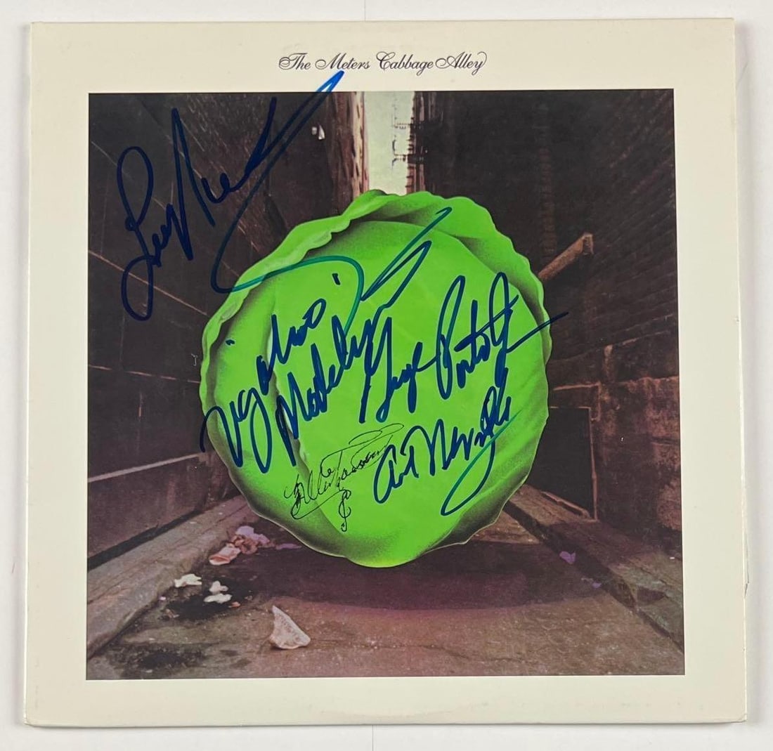 The Meters Signed "Cabbage Alley" Album (6 Sigs) (JSA Authentication): "Cabbage Alley" album signed on the front and back covers in blue felt tip marker by The Meters band members Art Neville, Leo Nocentelli, Zigaboo Modeliste, George Porter Jr., and legendary