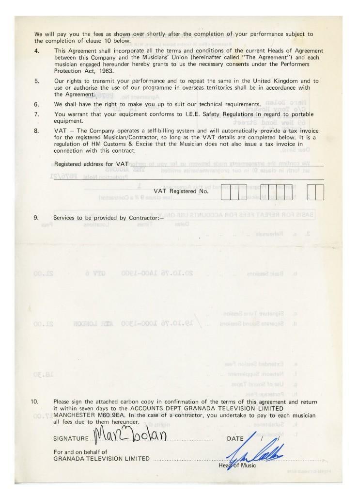 Marc Bolan Signed 1976 "The Arrows" TV Appearance Limited Contract (Tracks) (1 of 2)
