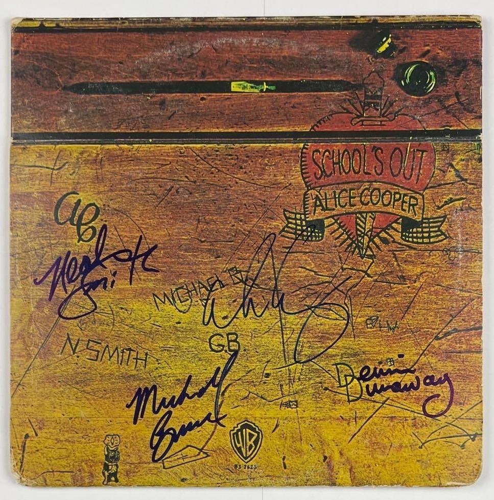 Alice Cooper Band Group Signed "School's Out" Album (4 Sigs) (Beckett/BAS Authentication): "School's Out" album signed on the cover in black felt tip marker by Alice Cooper Band band members Alice Cooper, Dennis Dunaway, Michael Bruce, and Neal Smith. Measuring approximately 12" x 12" and