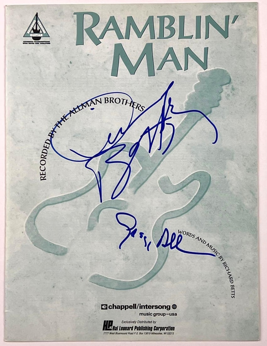 Allman Brothers: Gregg Allman & Dickey Betts"Ramblin' Man" Sheet Music (2 Sigs) (BAS): Color 12" x 9" "Ramblin' Man" sheet music signed on the cover in blue felt tip marker by the Allman Brothers Band band members Gregg Allman and Dickey Betts. In fine condition. Obtained in-person.