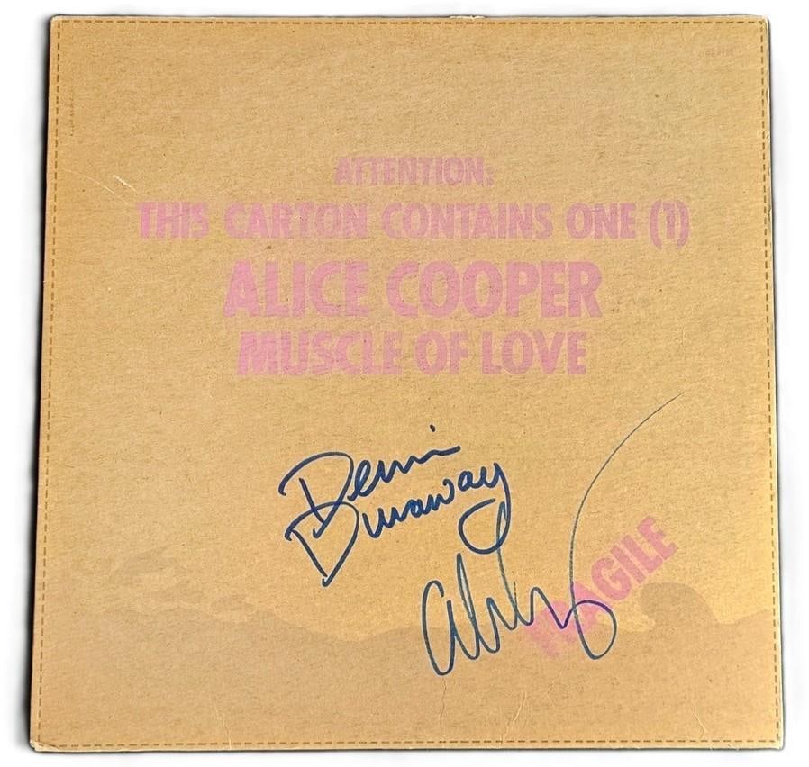 Alice Cooper & Dennis Dunaway Signed “Muscle of Love” Album (2 Sigs) (Third Party Guaran: “Muscle of Love” album signed on the cover in blue felt tip marker by musicians Alice Cooper and Dennis Dunaway. Measuring approximately 12” x 12” and in fine condition.