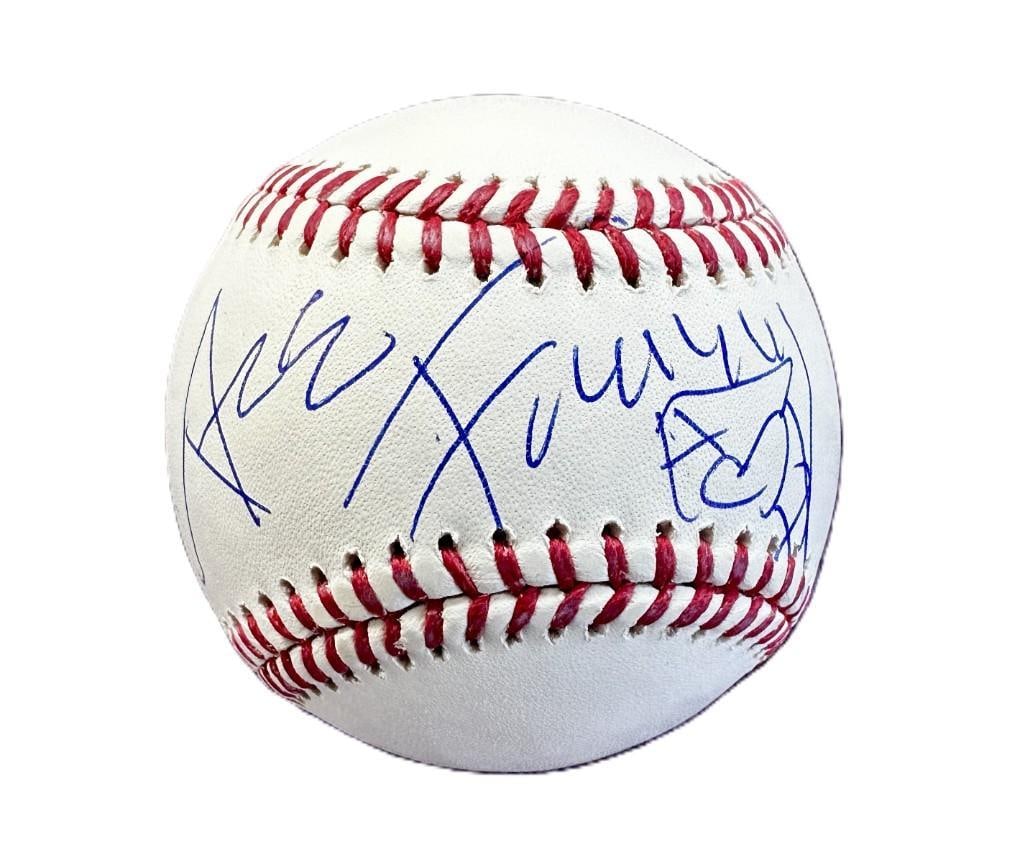 KISS: Ace Frehley Signed OMLB Baseball (Third Party Guaranteed): White 3" OMLB baseball signed in blue felt tip marker by Kiss band member Ace Frehley, including his ubiquitous 'ace of hearts' sketch after his name. In fine condition.ProvenanceEaton & Brennan