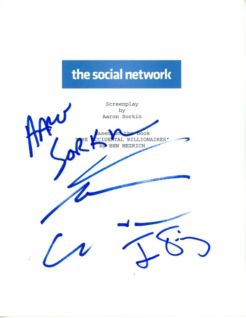 The Social Network Cast Signed Film Script Cover (3 Sigs) (ACOA Authentication): White 11" x 8.5" card stock paper film script cover for the movie "The Social Network" signed by cast members Andrew Garfield and Jesse Eisenberg, and director Aaron Sorkin. In fine condition.