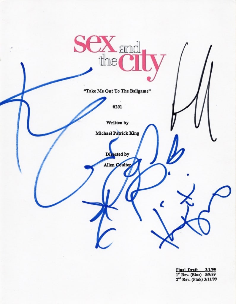 Sex in the City Cast Signed "Take Me Out to the Ballgame" TV Script Cover (4 Sigs) (ACOA Auth.): White 11" x 8.5" card stock paper "Sex in the City" television script cover for the episode "Take Me Out to the Ballgame" signed in blue and black felt tip markers by Sex in the City cast members