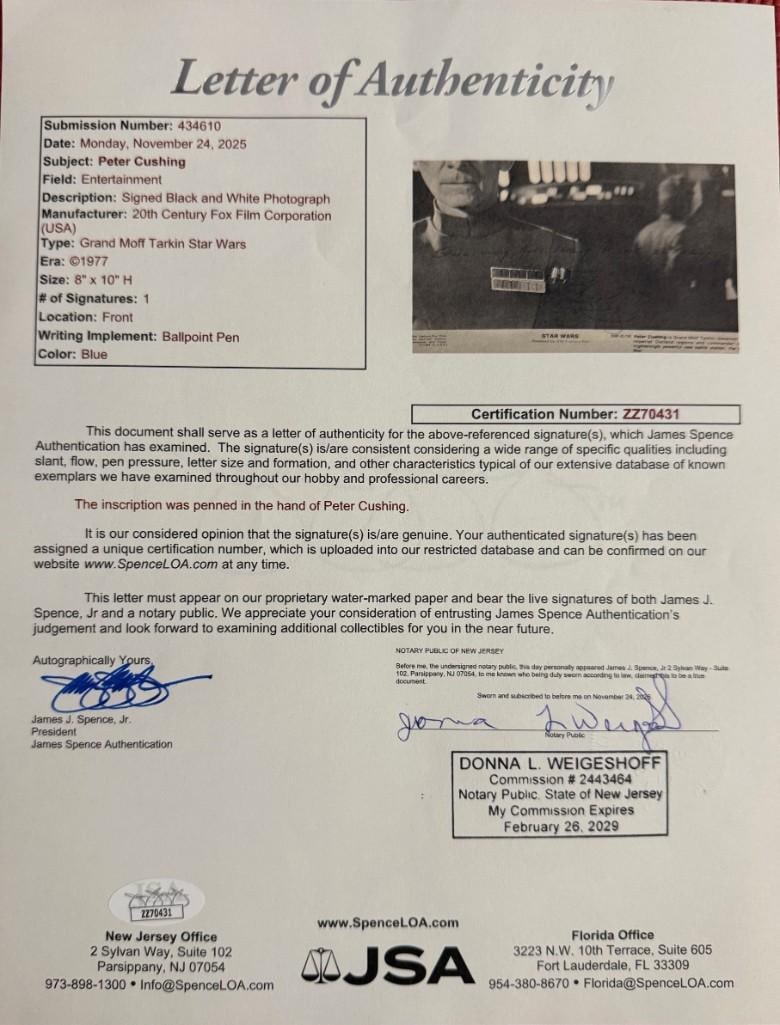 Star Wars: Peter Cushing Signed 8" x 10" Photo as Grand Moff Tarkin (JSA Authentication) - 4