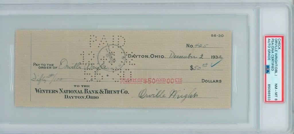 Orville Wright Twice-Signed 1932 Check (PSA/DNA NM-MT 8) (1 of 7)