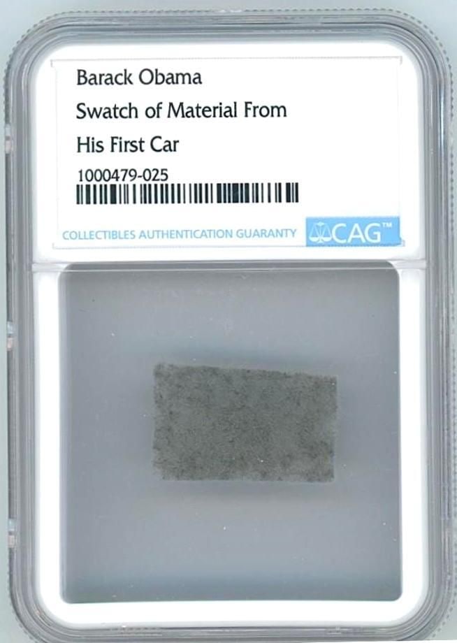 Barack Obama Jeep Driver's Seat Leather Swatch (CAG Encapsulated): Black leather swatch, 0.50" x 1," removed from the driver’s seat of Barack Obama’s first new car—a 2000 Jeep Grand Cherokee. Encapsulated by CAG to a size of 2.375" x 3.375". Obama f