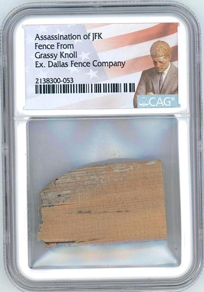 Kennedy Assassination "Grassy Knoll" Fence Artifact (CAG Encapsulated): Original section of wooden fencing, .75" x 1.5," removed from Dealey Plaza’s “grassy knoll” in Dallas, Texas—site of President John F. Kennedy’s assassination.