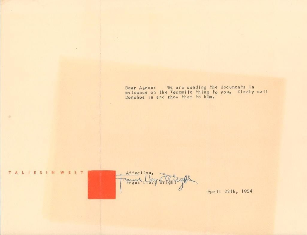 Frank Lloyd Wright 1954 Signed Letter on Taliesin West Letterhead: Typed letter signed by legendary architect Frank Lloyd Wright in bold blue ballpoint pen. Dated April 28, 1954, and measuring approximately 8.5" x 11", the letter is typed on elegant Taliesin West