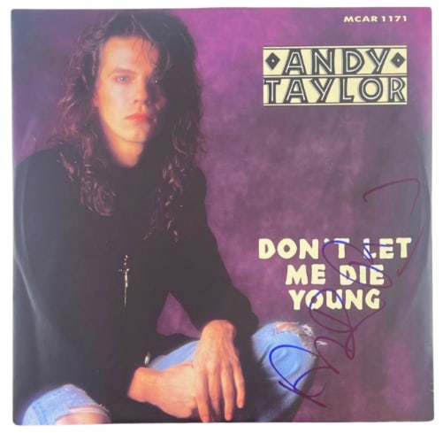 [Duran Duran] Andy Taylor Signed "Don't Let Me Die Young" Album (JSA): "Don't Let Me Die Young" album signed on the cover in blue felt tip marker by Andy Taylor. Measuring approximately 12" x 12" and in fine condition. Record is included. Obtained in-person. Accompanied