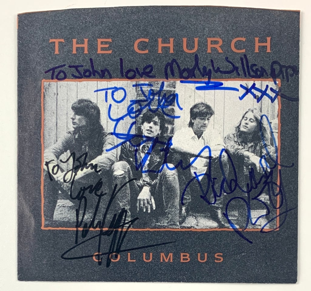 The Church Group Signed "Columbus, As You Will" 45 (4 Sigs) (JSA Authentication): "Columbus, As You Will" 45 signed on the cover in black and blue felt tip markers by The Church band members Steve Kilbey, Peter Koppes, Marty Wilson-Piper, and Richard Ploog. Wilson-Piper, Koppes,