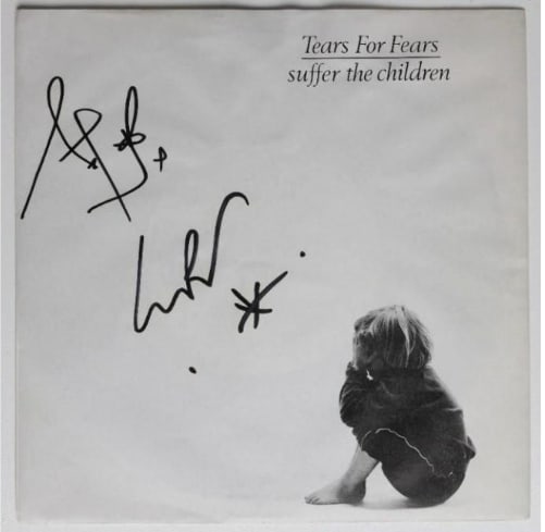 Tears for Fears Group Signed “Suffer the Children” 45 (2 Sigs) (Beckett): “Suffer the Children” 45 signed on the cover in black felt tip marker by Tears for Fears band members Curt Smith and Roland Orzabal. Measuring approximately 7” x 7” and in
