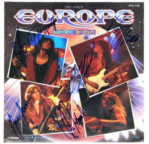 Europe Group Signed “Dreamer” 45 (5 Sigs) (JSA Authentication): “Dreamer” 45 signed on the cover in blue felt tip marker by Europe band members Joey Tempest, John Norum, John Leven, Mic Michaeli, and Ian Haugland. Measuring approximately 7” x