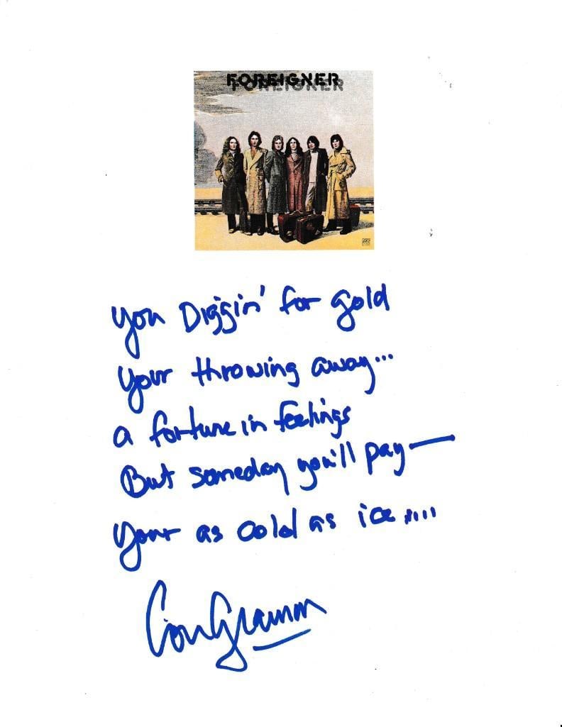 Foreigner: Lou Gramm Signed 10" x 8" Hand-Written "Cold as Ice" Lyric Paper (Third Party Guaranteed) (1 of 1)