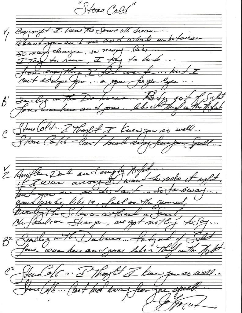 Rainbow: Joe Lynn Turner Signed Hand-Written "Stone Cold" Lyrics Paper (Third Party Guaranteed) (1 of 1)