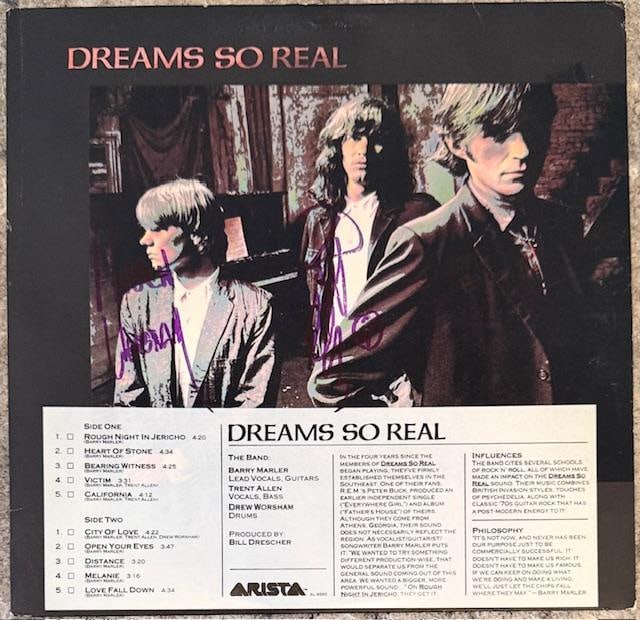 Dreams So Real Fully Group Signed "Rough Night in Jericho" Album (3 Sigs) (Third Party Guaranteed): "Rough Night in Jericho" album signed on the cover in purple and gold felt tip markers by Dreams So Real band members Barry Marler, Trent Allen, and Drew Worsham. Measuring approximately 12" x 12"