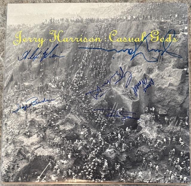 Talking Heads: Jerry Harrison Signed "Casual Gods" LP Album (6 Sigs) (Third Party Guaranteed): "Casual Gods" LP album signed on the cover in blue felt tip marker by Talking Heads band member Jerry Harrison and Harrison's touring band members Bernie Worrell, Ernie Brooks, Alex Weir, Joyce