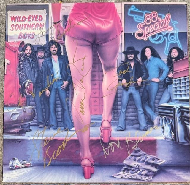 38 Special Fully Group Signed "Wild-Eyed Southern Boys" Album (6 Sigs) (Third Party Guaranteed): "Wild-Eyed Southern Boys" album signed on the cover in gold and silver felt tip markers by 38 Special band members Donnie Van Zant, Don Barnes, Jeff Carlisi, Larry Junstrom, Steve Brookins, and Jack