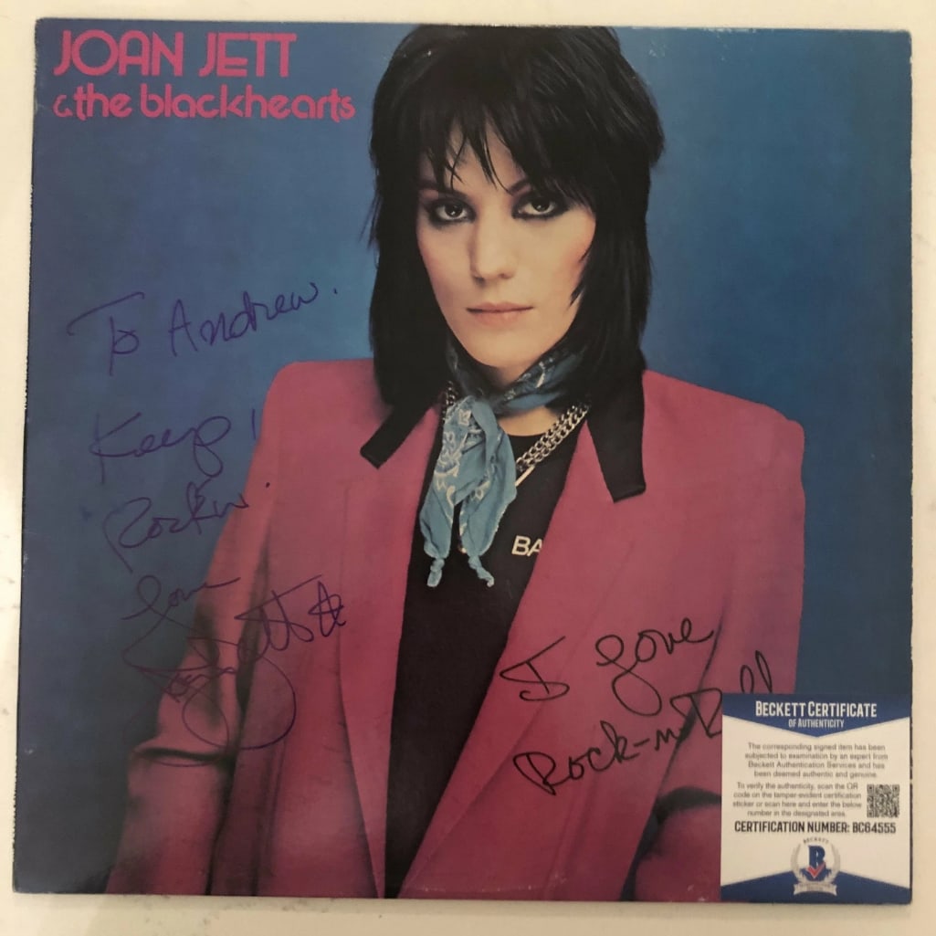 Joan Jett Signed "I Love Rock n Roll" LP Album (Beckett/BAS Authentication): "I Love Rock n Roll" LP album signed on the cover in blue felt tip marker by musician Joan Jett, who also inscribed the message "To Andrew Keep Rockin' Love Joan Jett." In black felt tip marker, Jett