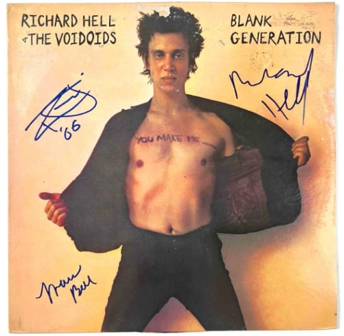 Richard Hell & the Voidoids Group Signed "Blank Generation" Album (3 Sigs) (JSA): "Blank Generation" album signed on the cover in blue felt tip marker by Richard Hell and the Voidoids band members Richard Hell, Marc Bell, and Ivan Julian. Measuring approximately12" x 12" and in ver