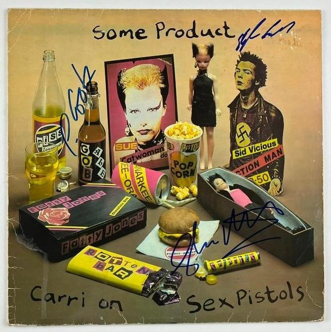 Sex Pistols Group Signed "Some Product: Carri on Sex Pistols" Album (3 Sigs) (Beckett/BAS): "Some Product: Carri on Sex Pistols" album signed on the cover in blue felt tip marker by Sex Pistols band members Paul Cook, Steve Jones, and Glen Matlock. Measuring approximately 12" x 12" and in