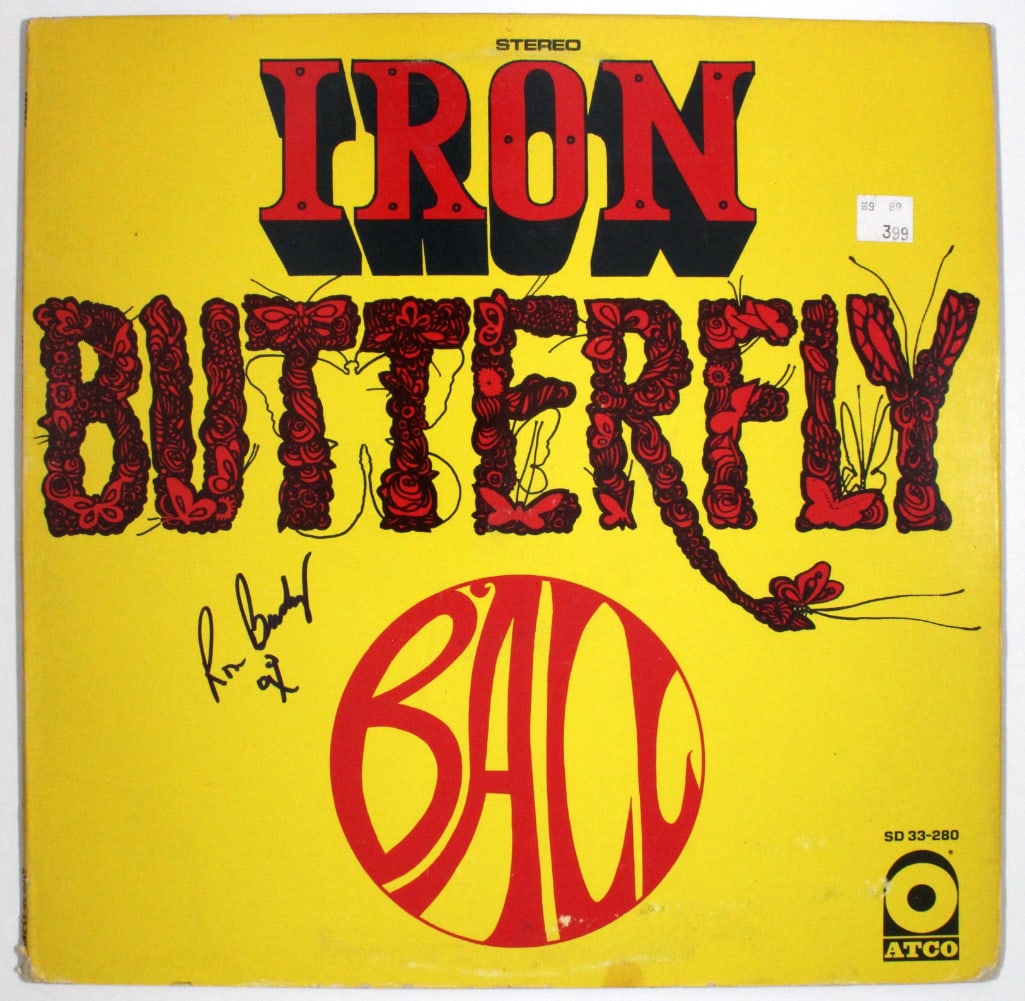Iron Butterfly: Ron Bushy Signed “Ball” Album (Beckett/BAS Authentication): “Ball” album signed on the cover in black felt tip marker by Iron Butterfly band member Ron Bushy. Measuring approximately 12" x 12" and in fine condition. Record is not included. Obtained
