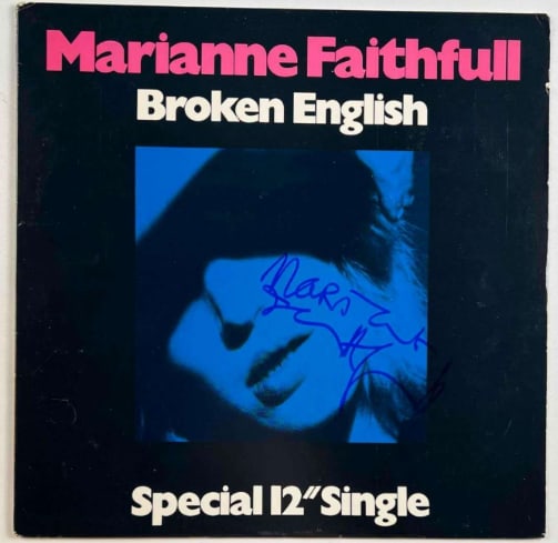 Marianne Faithfull Signed "Broken English" Album (Beckett/BAS Authentication): "Broken English" album signed on the cover in blue felt tip marker by musician Marianne Faithfull. Measuring approximately 12" x 12" and in very good condition, with some scattered wear. Record is