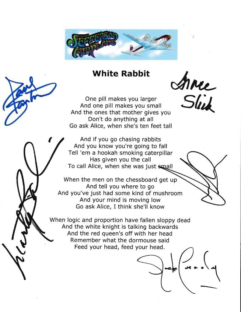 Jefferson Airplane Group Signed 10" x 8" "White Rabbit" Printed Lyric Sheet (5 Sigs): White 10" x 8" "White Rabbit" printed lyric sheet signed in blue and black felt tip markers by Jefferson Airplane band members Paul Kantner, Grace Slick, Jack Casady, Marty Balin, and Jorma Kaukonen.