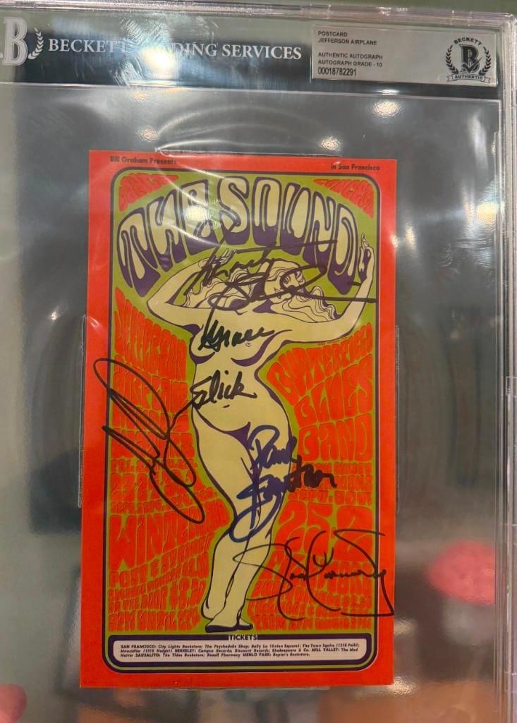 Jefferson Airplane Group Signed Slabbed 9" x 6" Postcard (4 Sigs) (Beckett/BAS Authentication) (1 of 1)