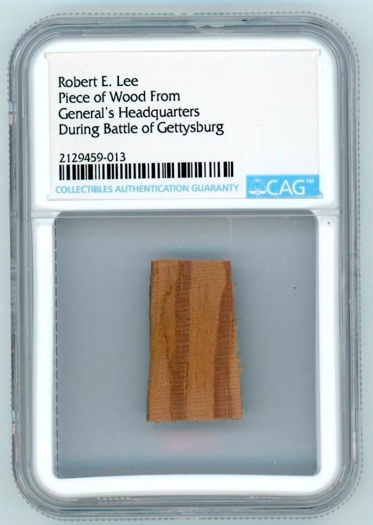 Robert E. Lee Piece of Headquarters Wood from Battle of Gettysburg (CAG): Historically significant 1.5" x 1" wood relic originating from General Robert E. Lee’s headquarters during the Battle of Gettysburg, one of the most pivotal engagements of the American Civil