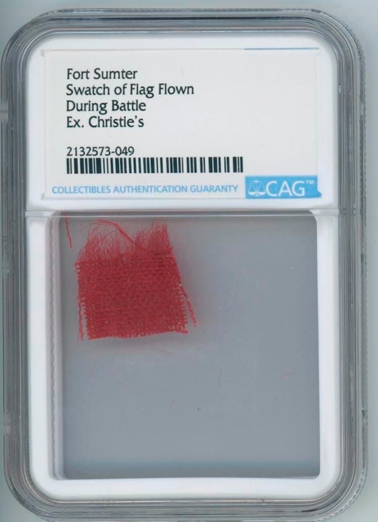 Fort Sumter Swatch of Battle-Flown Flag (CAG Encapsulated, Ex-Christie’s): Historic swatch of red fabric taken from a flag flown over Fort Sumter during the opening battle of the American Civil War in April 1861. Encapsulated by CAG to an overall size of 2.375" x 3.375", the