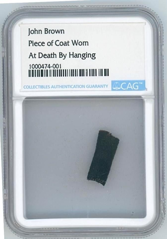 John Brown’s Coat Swatch Entangled with Hanging Noose (CAG Encapsulated): John Brown’s coat fabric swatch, 75" x .75" which was entangled with the noose used in his 1859 execution in Charles Town, Virginia. The piece was recovered by Captain Richard Adams shortly afte